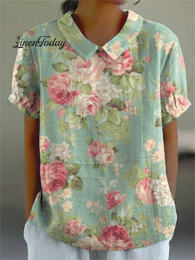 Retro Floral Art Print Casual Cotton and Linen Shirt