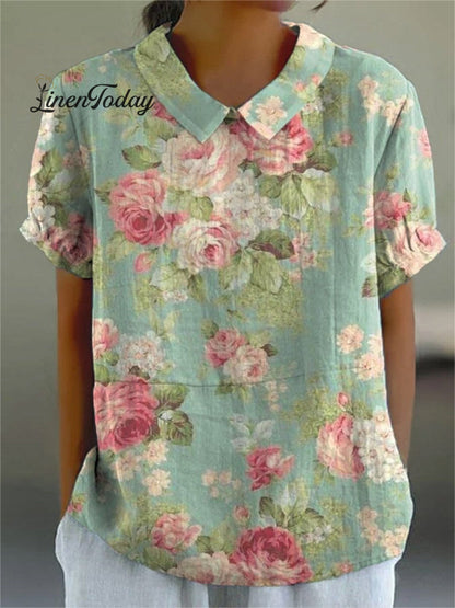 Retro Floral Art Print Casual Cotton and Linen Shirt