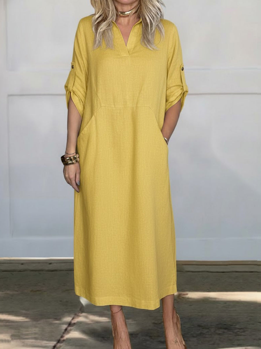 Solid Color Lapel Long-Sleeved Casual Loose Linen Dress