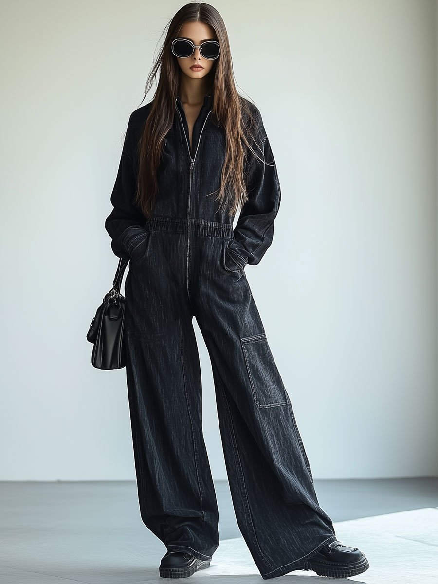 [24-Hour Shipping Out]casual Loose Retro Denim Zipper Elastic Waist Lapel Long-Sleeve Jumpsuit