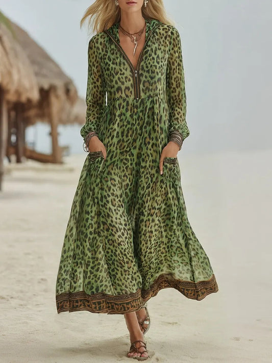 Retro Casual Leopard Print Art Hooded Midi Dress
