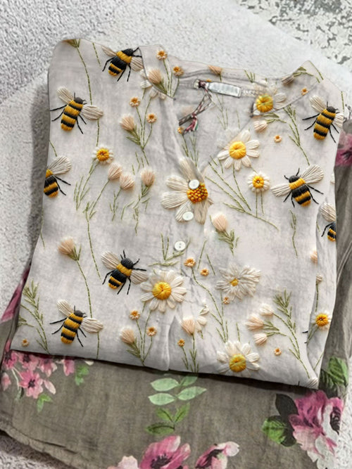 Vintage Flower Bee Art Print Casual Cotton and Linen Shirt