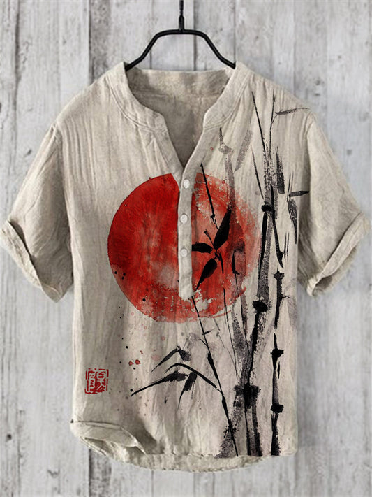 Bamboo and Sunrise Japanese Art Linen Blend Shirt