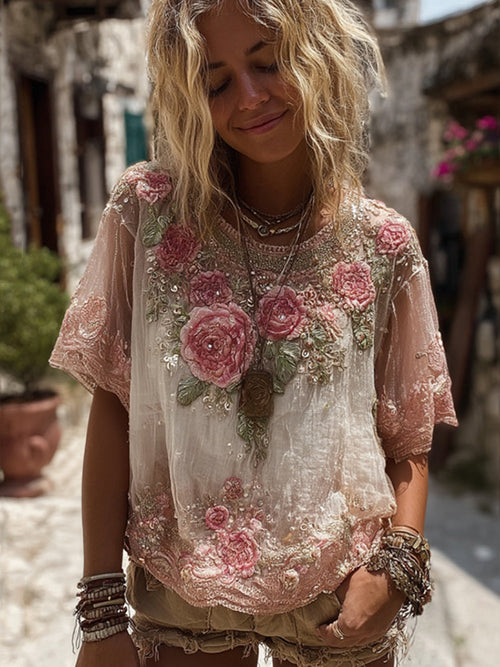 Vintage Pink Floral Pattern Crew Neck T-Shirt