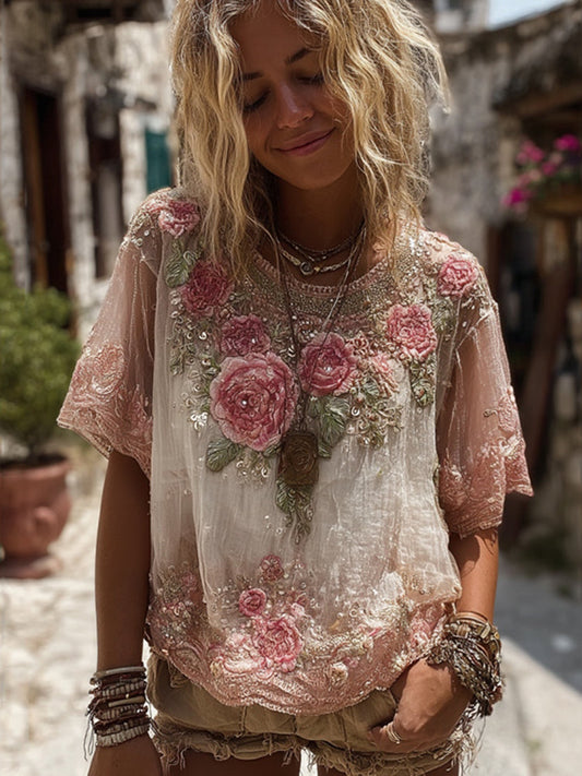 Vintage Pink Floral Pattern Crew Neck T-Shirt