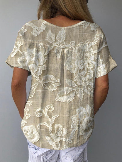 Vintage Lovely Floral Art Print Casual Cotton and Linen Shirt