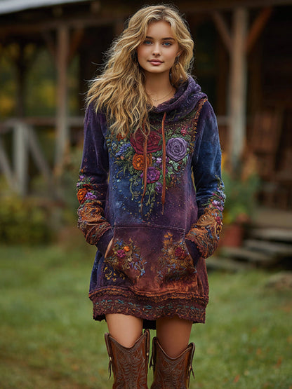 Vintage Lavender and Floral Embroidered Art Gradient Comfort Hooded Dress
