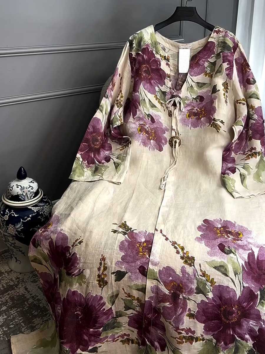 V-Neck Long-Sleeve Vintage Positioning Print Casual Loose Cotton and Linen Dress