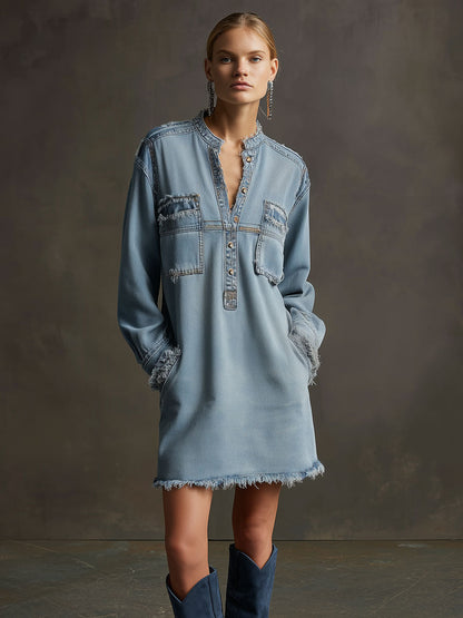 Casual Retro Light Blue Denim Frayed Long-Sleeved Mini Dress