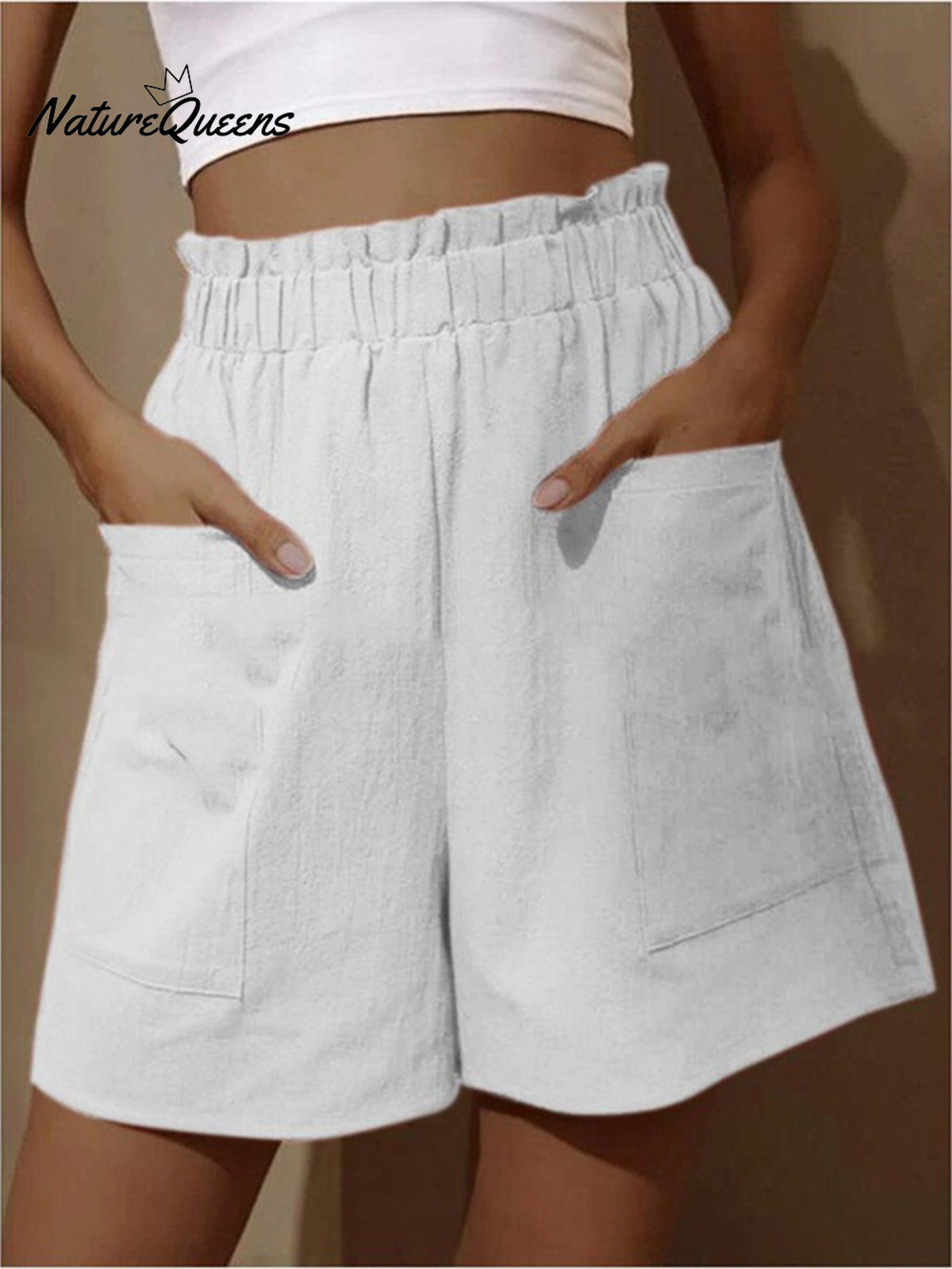 Cotton and Linen Wear High-Waisted Shorts with Buds