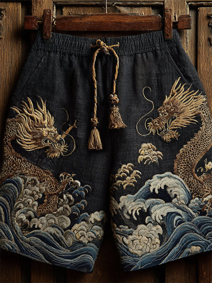 Japanese Golden Dragons and Sea Waves Embroidered Linen Shorts