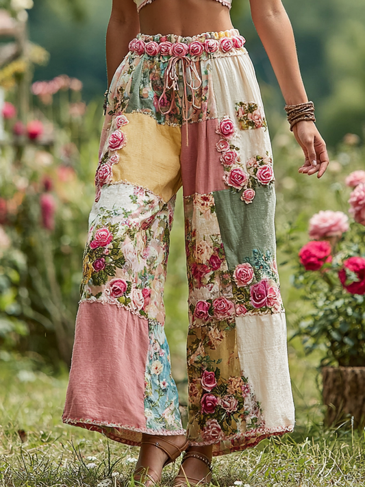 Rose Floral Patchwork Waist Elastic Pocket Pants