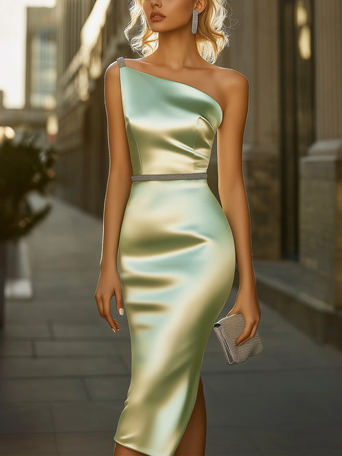 Sage Green Satin Dress with Silver Shoulder and Waist Embellishments