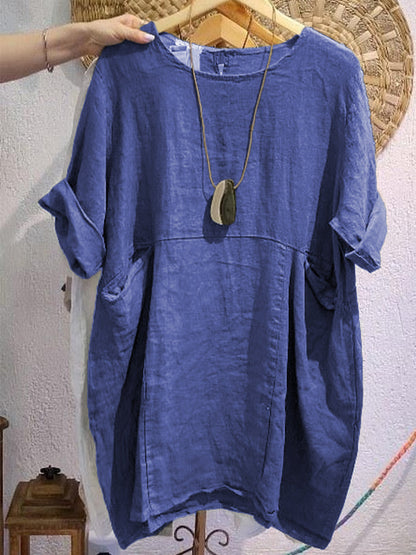 Linen and Cotton Round-Neck Dress
