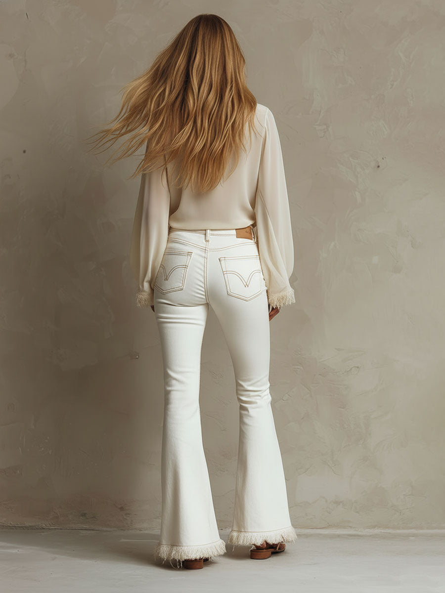 White Frayed-Hem Flared Jeans