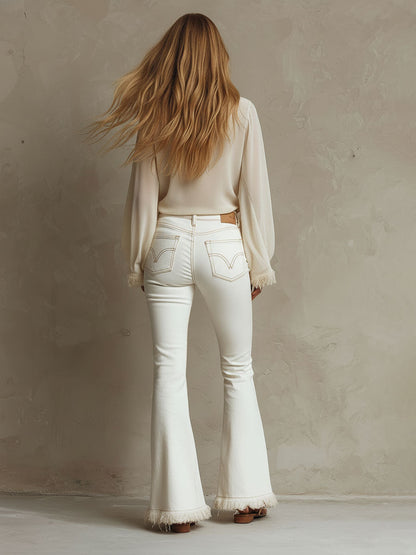 White Frayed-Hem Flared Jeans