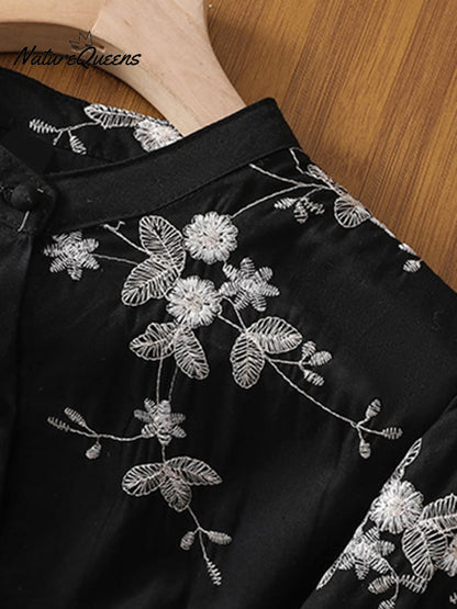 Art Retro Embroidery 3/4-Sleeve Patchwork Shirt