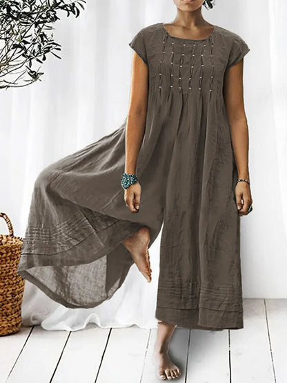 Solid Color Art Casual Short-Sleeve Cotton Linen Jumpsuit