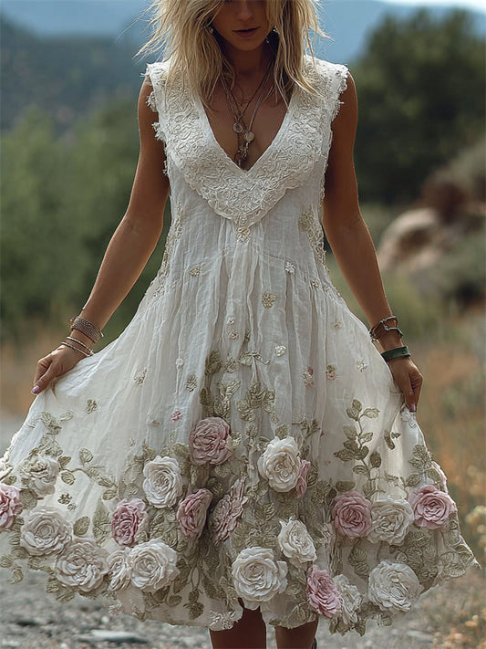 Vintage Boho Pink and White Roses Lace Flowy Linen Dress