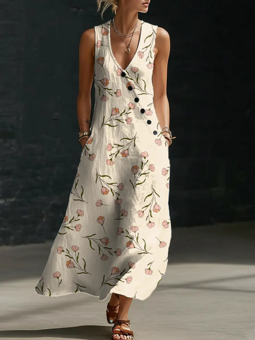 Floral Pattern Art Print Casual Cotton Linen Dress
