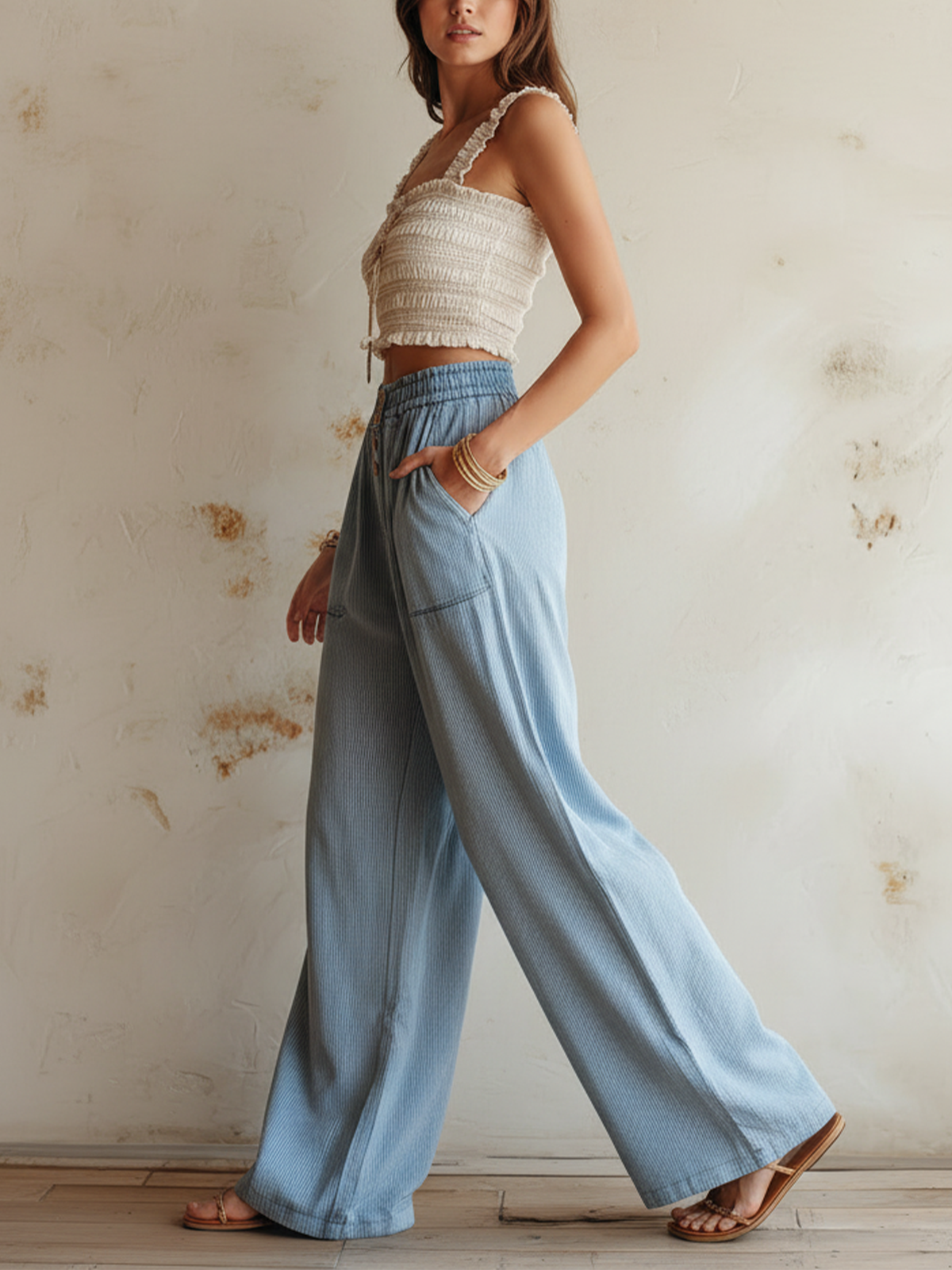 Light Wash Striped Denim High-Waist Wide-Leg Pants with Elastic Waist