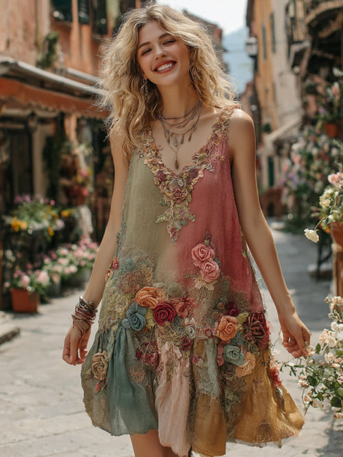 The Ice Cream Collection Classic Bohemian Floral and Rose Gradient Linen Mini Tank Dress