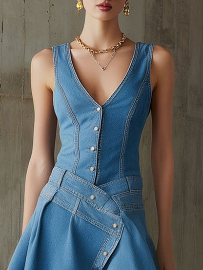 Fashionable Retro Blue Denim V-Neck Sleeveless Pleated Mini Dress