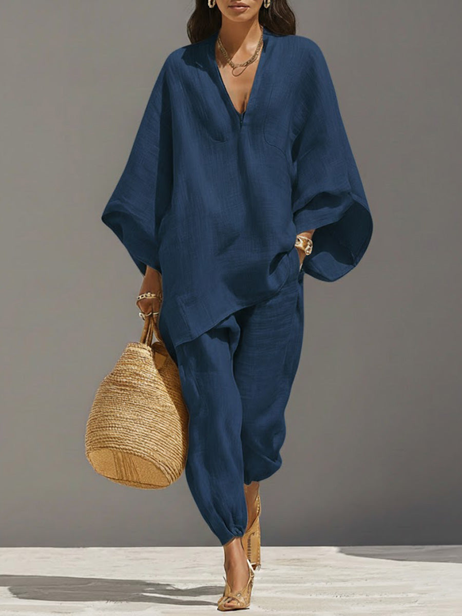 Solid Color V-Neck Long-Sleeve Casual Loose Cotton Linen Top with Elastic Waist and Wide-Leg Pants Set
