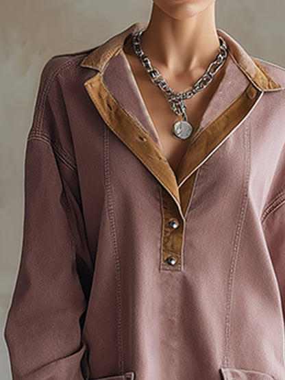 Casual Retro Color-Blocked Denim Trim Pink Denim Pocket Mini Dress