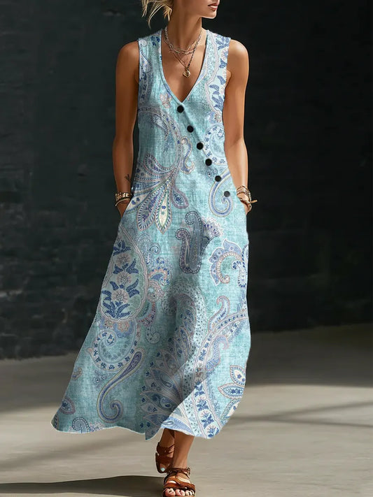 Floral Pattern Art Print Casual Cotton Linen Dress