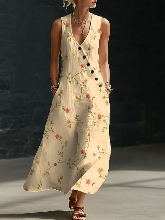 Floral Pattern Art Print Casual Cotton Linen Dress