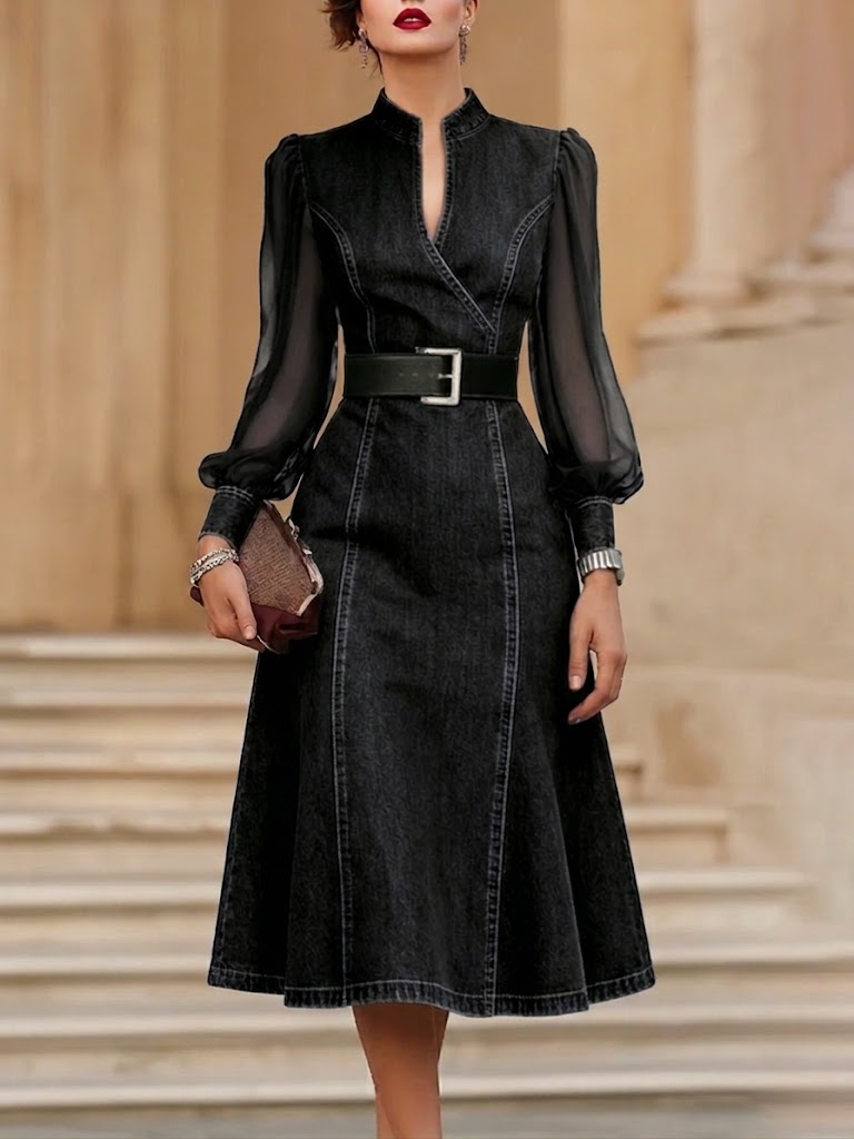 Stylish Denim Dress with Organza Sleeve Panels