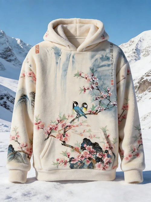 Men's Flowers and Birds Art Print Casual Flannel Hoodie