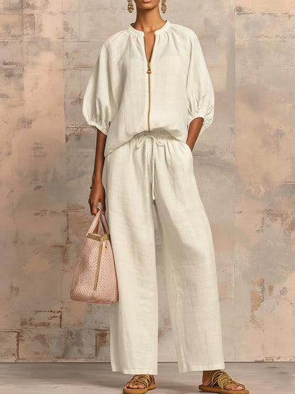Stylish Cozy Shirt and Wide-Leg Pants Linen Cotton Two-Piece Set