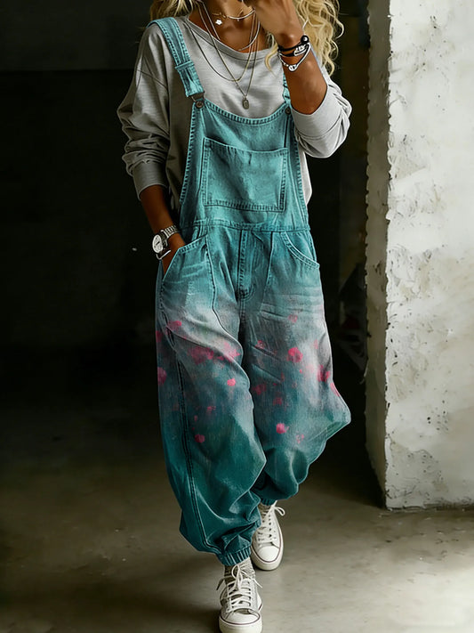 Vintage Floral Art Print Casual One Piece Denim Jumpsuit
