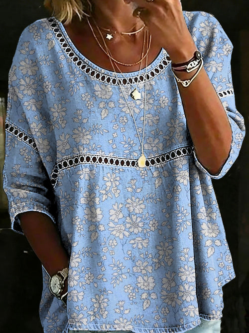 Vintage Flower Casual Loose Denim Blouse Shirt