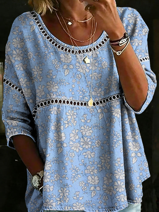 Vintage Flower Casual Loose Denim Blouse Shirt