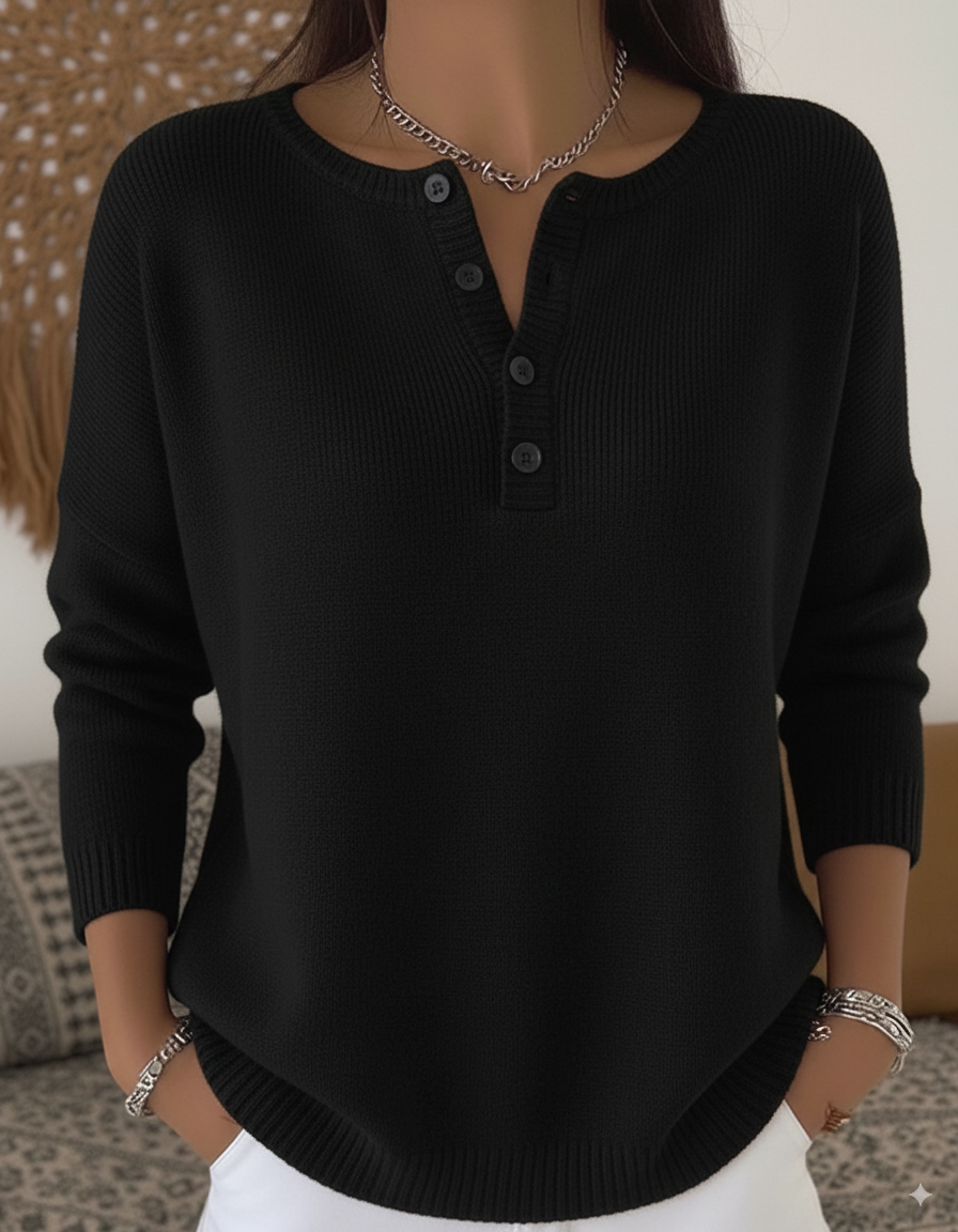 Soft Solid Color Henley Collar Sweater Top