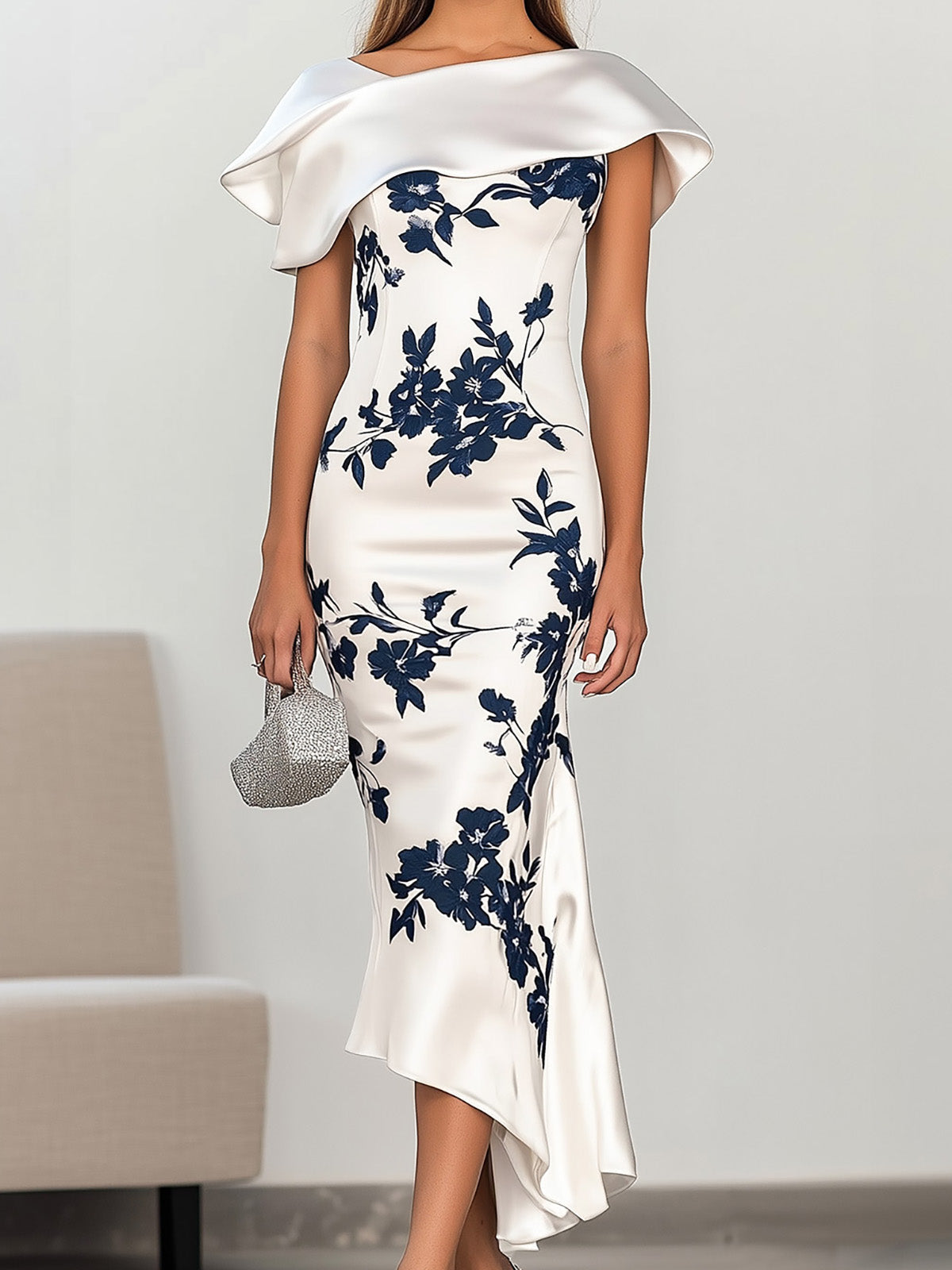 Glamorous White and Navy Floral Print Mermaid Satin Dress