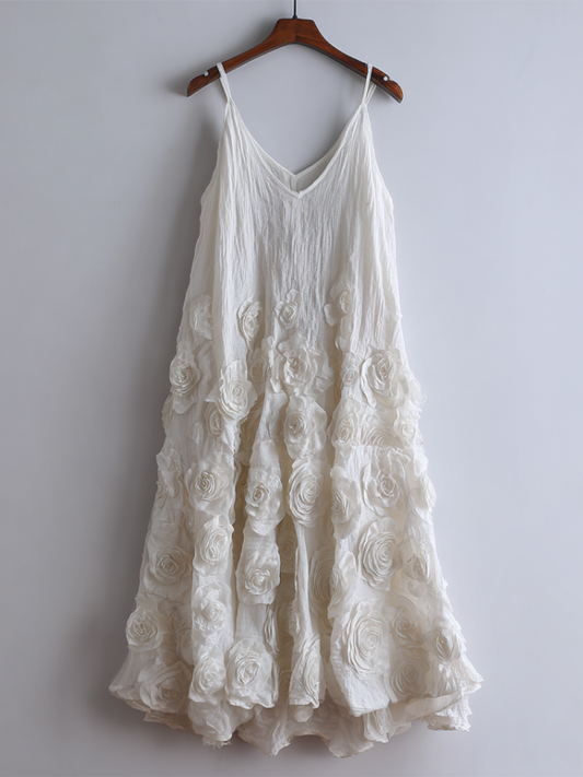 Bohemian Style Woman's V-Neck White Rose Dress