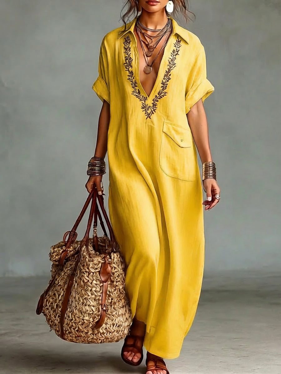 Loose-Fitting V-Neck Linen and Cotton Dress