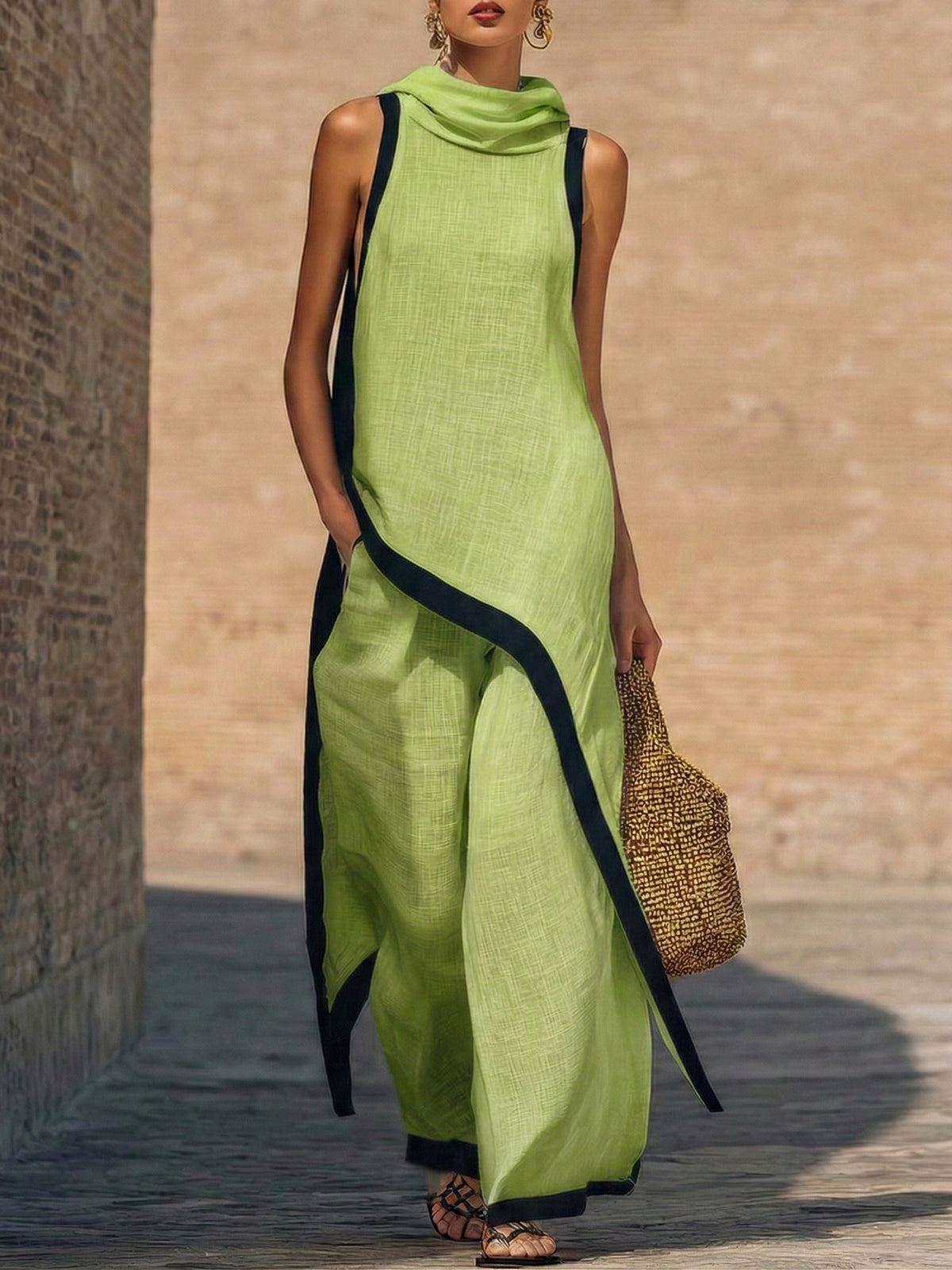 Artistic Cut Trim Elegant Linen Cotton Two-Piece Set