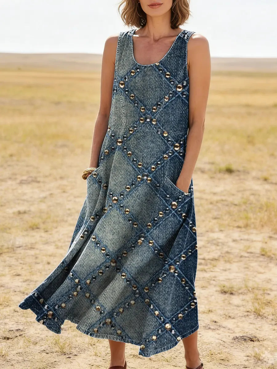 Plaid Pattern Art Print Casual Cotton Denim Dress