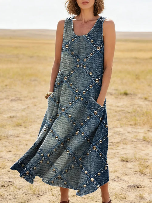 Plaid Pattern Art Print Casual Cotton Denim Dress