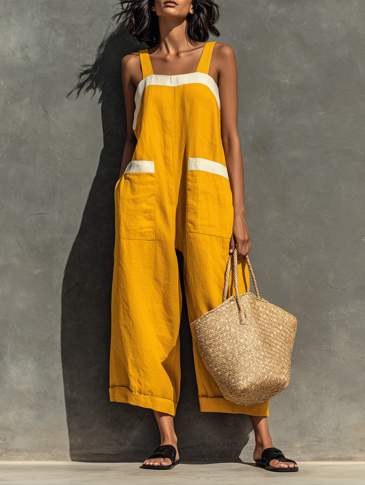 Color-Blocked Casual Cotton and Linen Jumpsuit