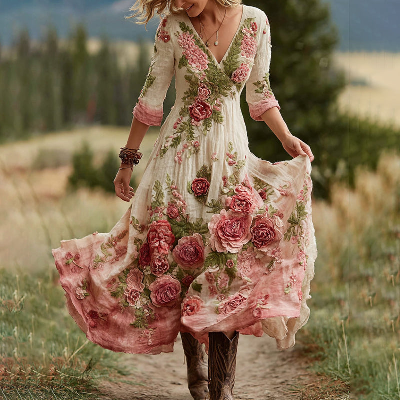 Vintage Rose Floral Art V-Neck Linen Blend Comfy Maxi Dress