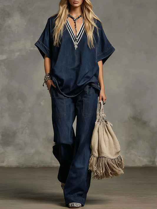 V-Neck Short-Sleeved Casual Loose Top and High-Waisted Casual Loose Wide-Leg Denim Pants Set