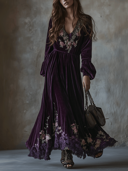 Vintage Floral Embroidered Velvet Maxi Dress