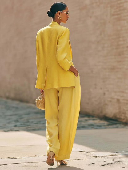 Minimalist Solid Color Suit Jacket and Wide-Leg Pants Linen Two-Piece Set