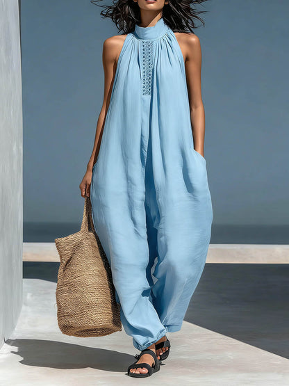 Stand-Up Collar Sleeveless Casual Loose Cotton and Linen Wide-Leg Jumpsuit